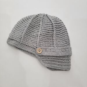 Gray Knit Beanie with Button Detail